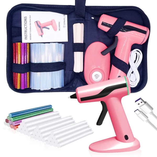 2200Amh Pink Cordless Hot Glue Gun Kit Rechargeable, wooden stick heats up quickly.